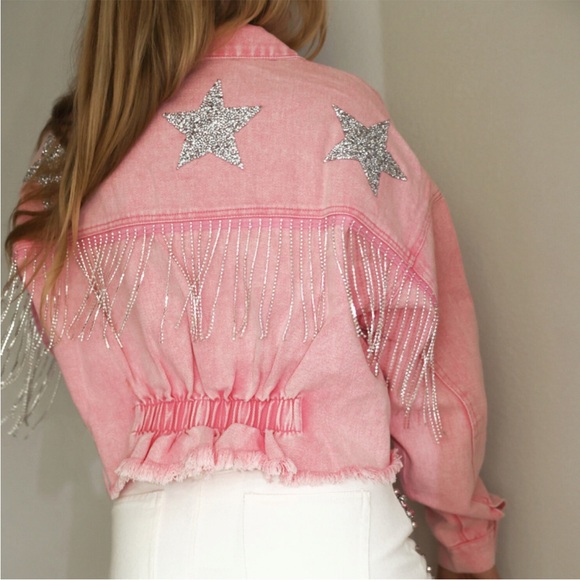 Denim Cropped Pink Jacket with Fringe Rhinestones and Sparkling Stars - Picture 3 of 8